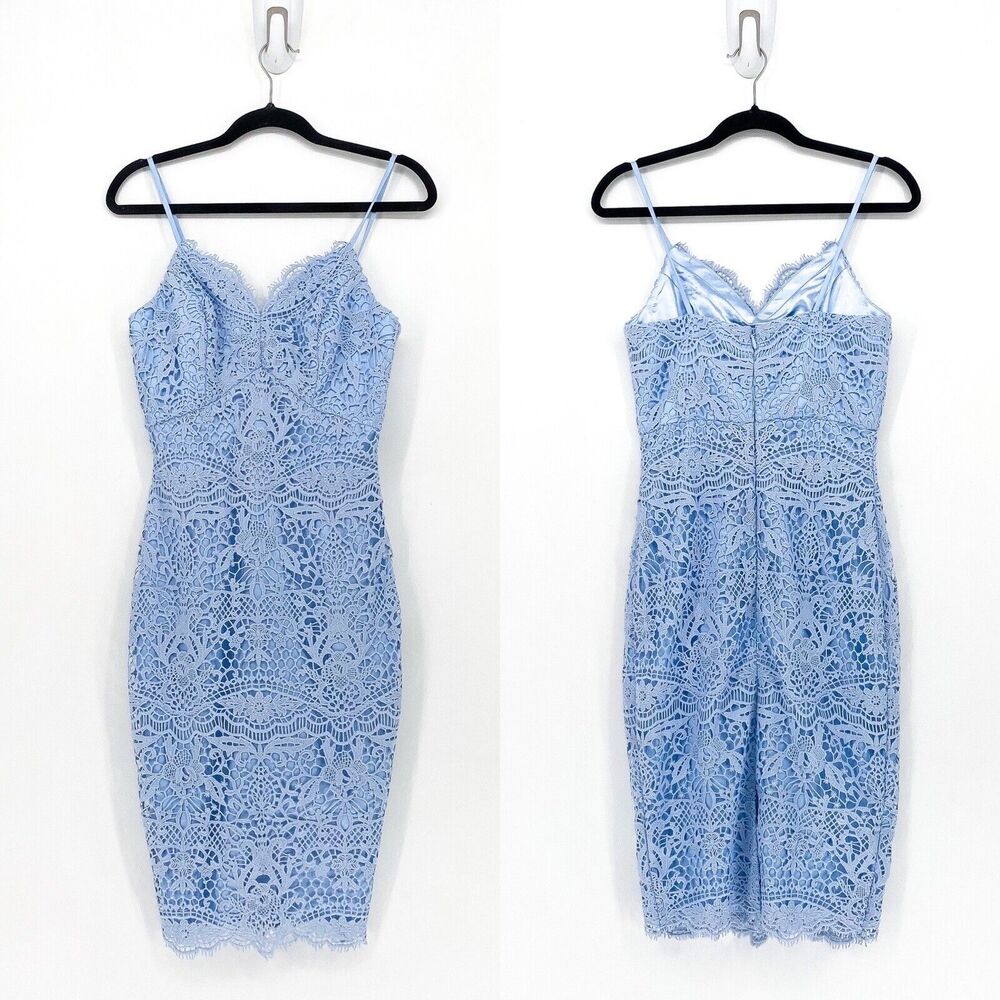 Chi Chi London Women 4 Orlah Dress Blue Lace Embroidered Midi Pencil UK 8 NEW